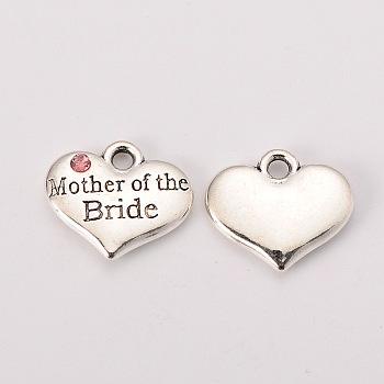 Wedding Theme Antique Silver Tone Tibetan Style Alloy Heart with Mother of the Bride Rhinestone Charms, Cadmium Free & Lead Free, Light Rose, 14x16x3mm, Hole: 2mm