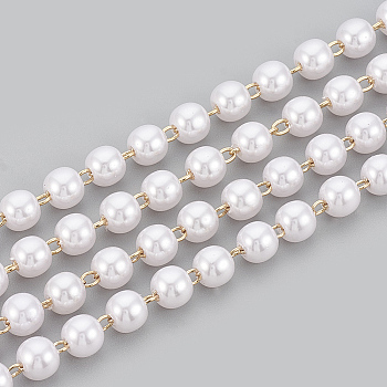 3.28 Feet Handmade Brass Beaded Chains, Soldered, with Spool, ABS Plastic Imitation Pearl, Real 18K Gold Plated, White, 6x5.7mm