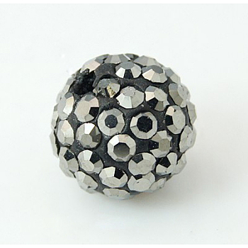 Polymer Clay Rhinestone Beads, Pave Disco Ball Beads, Grade A, Half Drilled, Round, Jet Hematite, PP9(1.5.~1.6mm), 6mm, Hole: 1.2mm