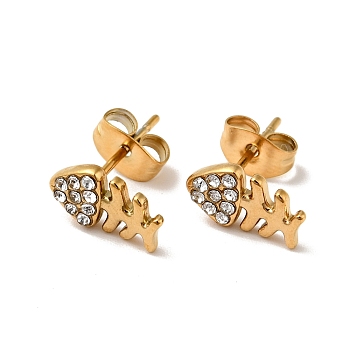 Rhinestone Fishbone Stud Earrings with 316 Surgical Stainless Steel Pins, Gold Plated 304 Stainless Steel Jewelry for Women, Crystal, 10.5x6mm, Pin: 0.7mm
