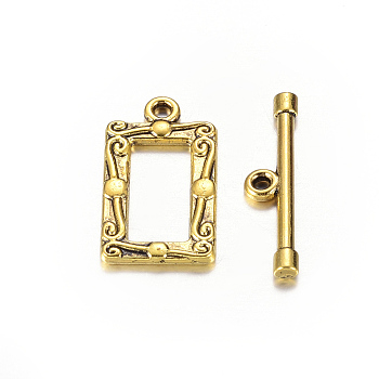 Tibetan Style Alloy Toggle Clasps, Rectangle, Antique Golden, Lead Free and Nickel Free and Cadmium Free, Rectangle: 20x11.5mm, Bar: 22x5mm, Hole: 2.5mm.