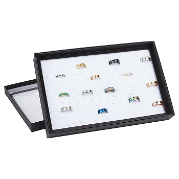 100-Slot Rectangle Black Paper Ring Presentation Boxes with Clear Lid, Jewelry Finger Rings Organizer Box , White, 29x19x3.9cm