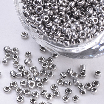 Plated Glass Seed Beads, Round, Silver, 2~2.3x1.5mm, Hole: 0.8mm, about 30000pcs/bag, about 450g/bag
