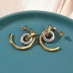 Two Tone C-Shaped with Ring 304 Stainless Steel Stud Earrings, Ion Plating(IP), Long-Lasting Plated, Real Gold Plated & Stainless Steel Color, 25x13x25mm(EJEW-B156-12GP)