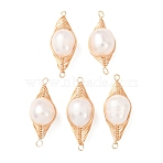 Copper Herringbone Wire-Wrapped Natural Pearl Potato Links Connector Charms, Long-Lasting Plated, White, Golden, 28.5~30x10.5~11x10~10.5mm, Hole: 1.4mm(KK-Z152-03G-02)