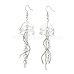 Iron Dangle Earrings, with Glass & 304 Stainless Steel Pendnat, Flower, Platinum, Clear, 90mm(EJEW-FS00021)