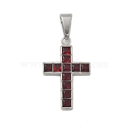 304 Stainless Steel Pendants, Cross Charm, with Glass, FireBrick, 30x19x3mm, Hole: 8.5x5mm(STAS-G346-29P-03)