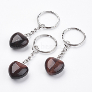 Natural Tiger Eye Keychain, with Platinum Iron Findings, Heart, 72mm(KEYC-F019-02G)