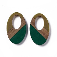 Opaque Resin & Walnut Wood Pendants, Oval Charms, Dark Green, 35.5x22x3.5mm, Hole: 16X10mm(RESI-M027-02C)