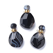 Faceted Natural Black Onyx Pendants, Openable Perfume Bottle, with Brass Findings, Golden, 38~39x22.5~23x12.5~13mm, Hole: 1.8mm, Capacity: 1~2ml(0.03~0.06 fl. oz)(G-M356-E01-G)