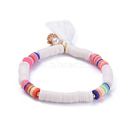 Handmade Polymer Clay Heishi Beads Stretch Bracelets, with Cotton Thread Tassel Pendants and Alloy Charms, Shell with Pearl Shape, PapayaWhip, 2-1/8 inch(5.5cm)(BJEW-JB05088-01)