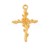 Tibetan Style Alloy Pendants, Cross with Rose Charm, Golden, 34.5x23x3mm, Hole: 2.5mm(FIND-WH0110-429G)