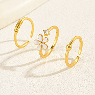 3Pcs 3 Style Brass Open Cuff Rings Set, Cubic Zirconia & Enamel Flower Stackable Rings, Real 18K Gold Plated, Inner Diameter: 14~17mm, 1Pc/style(GG5101-1)