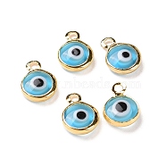 Handmade Evil Eye Lampwork Charms, with Brass Findings, Flat Round, Blue, Real 18K Gold Plated, 10x6.5x3mm, Hole: 1.5mm(KK-F764-13G-07)