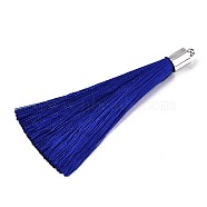 Fiber Tassel Big Pendant Decorations, with Platinum Plated Brass Finding, Blue, 70~73x7~25mm, Hole: 1.8mm(FIND-R085-006)