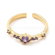 Purple Cubic Zirconia Open Cuff Ring, Rack Plating Brass Jewelry for Women, Cadmium Free & Lead Free, Real 18K Gold Plated, US Size 6 1/2(16.9mm)(KK-K270-07G)
