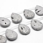 Electroplated Natural Quartz Crystal Beads Strands, Top Drilled Beads, Druzy Geode Crystals, Teardrop, Silver Plated, 29~30x22x8mm, Hole: 1.5mm, about 6pcs/strand, 6.2 inch(G-G891-07)