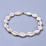 Cowrie Shell Beaded Necklaces, with Brass Lobster Claw Clasps and Eco-Friendly Korean Waxed Polyester Cord, Real 18K Gold Plated, Seashell Color, 15 inch(38cm)(NJEW-JN02397-01)