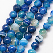 Natural Striped Agate/Banded Agate Bead Strands, Round, Grade A, Dyed & Heated, Deep Sky Blue, 8mm, Hole: 1mm, about 47pcs/strand, 15 inch(X-G-K166-13-8mm-06)