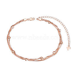 SHEGRACE 925 Sterling Silver Multi-Strand Anklets, with Box Chains and Round Beads, Rose Gold, 8-1/4 inch(21cm)(JA28B)
