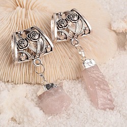 Nuggets Natural Rough Rose Quartz Scarf Bail Pendants, with Antique Silver Alloy Tube Bails, 84~103mm, Hole: 25x12mm(PALLOY-JF00017)
