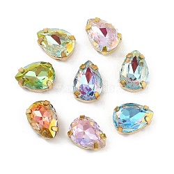 Brass Glass Rhinestone Sew on Rhinestones, Teardrop, Faceted, Mixed Color, Golden, 10x7.5x5.5mm, Hole: 0.8mm(RGLA-U001-10G-02)