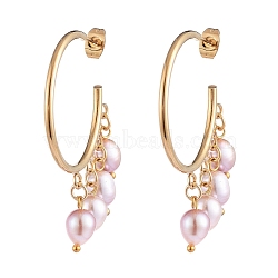 Dangle Chandelier Earrings, with Natural Cultured Freshwater Pearl Beads, 304 Stainless Steel Stud Earring Findings and Brass Findings, Golden, Pink, 47x37x6mm, Pin: 0.6mm(X-EJEW-JE04105-02)