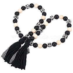 Round Natural Wood Beads Wall Hanging Decorations, with Jute Twine Tassel, Black, 91cm(HJEW-WH0008-74)