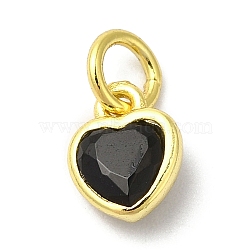 925 Sterling Silver Birthstone Charms, with Single Cubic Zirconia, Heart, Golden, with Jump Ring, Black, 6x5x2mm, Hole: 2.5mm(STER-M0120-02H-G)