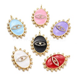 Golden Plated Brass Micro Pave Clear Cubic Zirconia Pendants, with Enamel, Long-Lasting Plated, Oval with Eye, Mixed Color, 26x17x2.5mm, Hole: 1.8mm(ZIRC-L097-029-G)