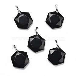 Natural Obsidian Pendants, with Platinum Tone Brass Findings, Faceted, Hexagon, 37x24x10mm, Hole: 4x4mm(G-C241-02A)
