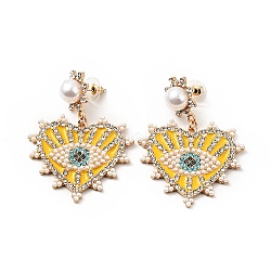 Crystal Rhinestone Heart with Evil Eye Dangle Stud Earrings with Enamel, Light Gold Plated Alloy Long Drop Earrings for Women, Yellow, 57mm, Pin: 0.8mm(EJEW-J045-05A-KCG)