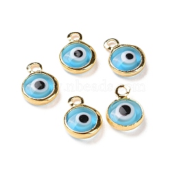 Handmade Evil Eye Lampwork Charms, with Brass Findings, Flat Round, Blue, Real 18K Gold Plated, 10x6.5x3mm, Hole: 1.5mm(KK-F764-13G-07)