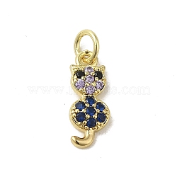 Real 18K Gold Plated Brass Pave Colorful Cubic Zirconia Pendants, with Jump Rings, Cat Shape, 15x6x2mm, Hole: 3mm(KK-M283-06F-02)