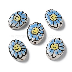 Handmade Porcelain Beads, Famille Rose Porcelain, Oval with Flower, Light Steel Blue, 19x14~16x5~6mm, Hole: 1.2mm(PORC-G011-04K)