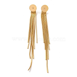 Brass Snake Chain Tassel Stud Earring Findings, with Flat Round Cabochon Setting, Real 18K Gold Plated, 106x10mm(X-KK-G510-20G)