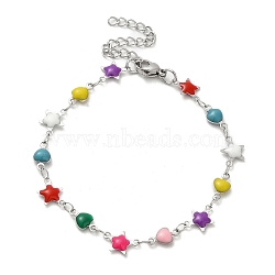 304 Stainless Steel Heart & Star Link Chain Bracelet, with Enamel, Colorful, 6-3/4 inch(17.3cm)(BJEW-H325-01P)