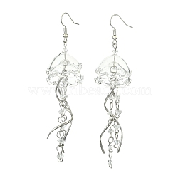 Iron Dangle Earrings, with Glass & 304 Stainless Steel Pendnat, Flower, Platinum, Clear, 90mm(EJEW-FS00021)