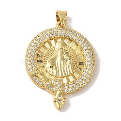 Rack Plating Brass Micro Pave Clear Cubic Zirconia Pendants, Cadmium Free & Lead Free, Long-Lasting Plated, Real 18K Gold Plated, Flat Round, 30x23x2.5mm, Hole: 5x3.5mm(KK-P267-14A-G)