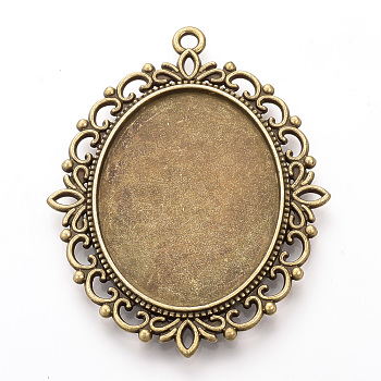 Tibetan Style Alloy Big Pendant Cabochon Settings, Double-sided Tray, Cadmium Free & Nickel Free & Lead Free, Oval, Antique Bronze, Tray: 30x40mm, 61x47x3mm, Hole: 2.5mm, about 80pcs/1000g