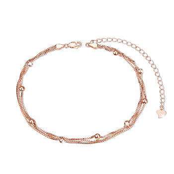 SHEGRACE 925 Sterling Silver Multi-Strand Anklets, with Box Chains and Round Beads, Rose Gold, 8-1/4 inch(21cm)