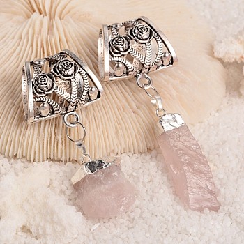 Nuggets Natural Rough Rose Quartz Scarf Bail Pendants, with Antique Silver Alloy Tube Bails, 84~103mm, Hole: 25x12mm