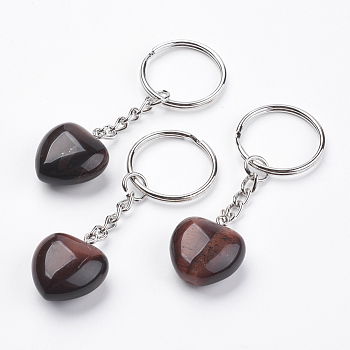 Natural Tiger Eye Keychain, with Platinum Iron Findings, Heart, 72mm