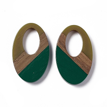 Opaque Resin & Walnut Wood Pendants, Oval Charms, Dark Green, 35.5x22x3.5mm, Hole: 16X10mm