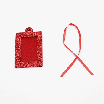 Vertical Design Rectangle Felt Glitter Photo Frame Card, with Ribbon, for Christmas Pendant Decorations, Red, 80.5x49x2mm, Hole: 5mm, 50x30mm inner diameter