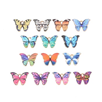 Alloy Enamel Pendants, Light Gold, Cadmium Free & Nickel Free & Lead Free, Butterfly Charm, Mixed Color, 15x21.5x1.5mm, Hole: 2x3mm