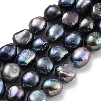 Dyed Natural Cultured Freshwater Pearl Beads Strands, Two Sides Polished, Grade 4A, Midnight Blue, 11~12mm, Hole: 0.7mm, about 16pcs/strand, 7.28 inch(18.5cm)