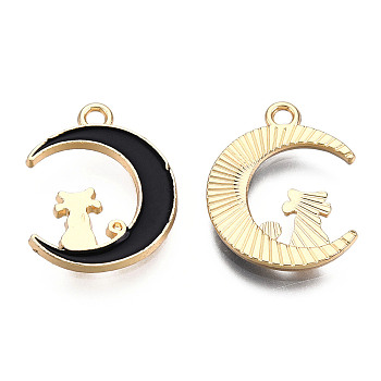 Alloy Enamel Kitten Pendants, Light Gold, Crescent Moon with Cat Shape, Black, 20.5x16x2mm, Hole: 1.8mm
