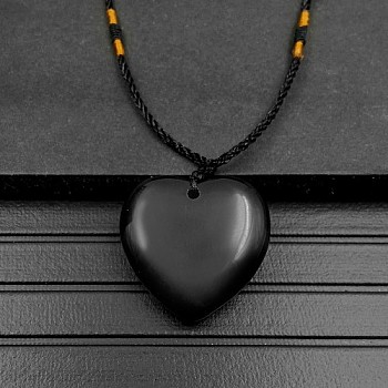 Natural Black Agate Pendant Necklaces, Heart, 15.75~23.62 inch(40~60cm)
