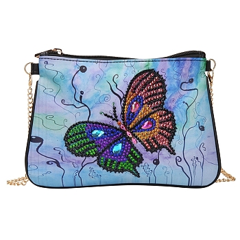 DIY Zipper Crossbody Bag Diamond Painting Kits, including PU Bags, Resin Rhinestones, Diamond Sticky Pen, Tray Plate and Glue Clay, Rectangle, Butterfly Pattern, 140x200mm